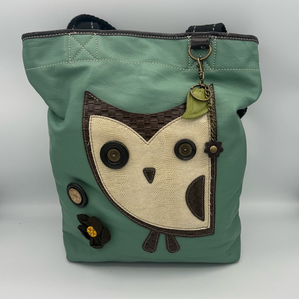 Chala Hoohoo Owl Appliqué Tote Bag Multi Textured Teal Aqua Green